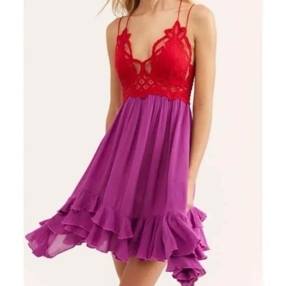 Free People Red and Purple Adella Lace Slip Dress